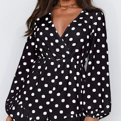 Polka Dot Surplice Neckline Jumpsuit Ruffle Trim Romper
