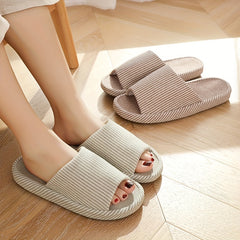 Women's Striped Home Slippers Soft Open Toe Flat Mute Shoes