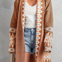 Geometric Print Long Sleeve Cardigan with Pockets