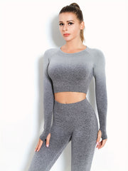 Ombre Hollow Out Long Sleeve Top & Leggings Set, Women's Activewear