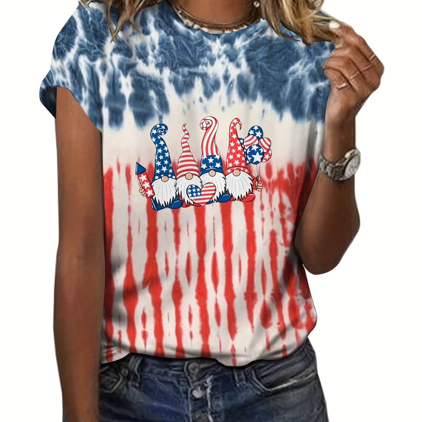 Star & Stripe Pattern Ombre Crew Neck T-Shirt Summer Tee Women's Clothing