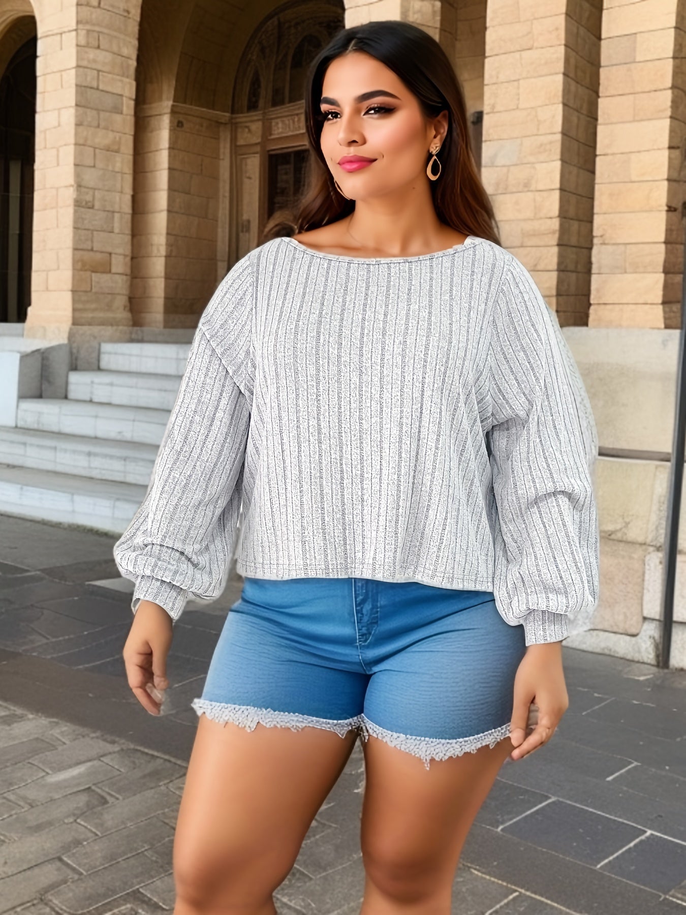 Solid Lantern Sleeve Knit Top