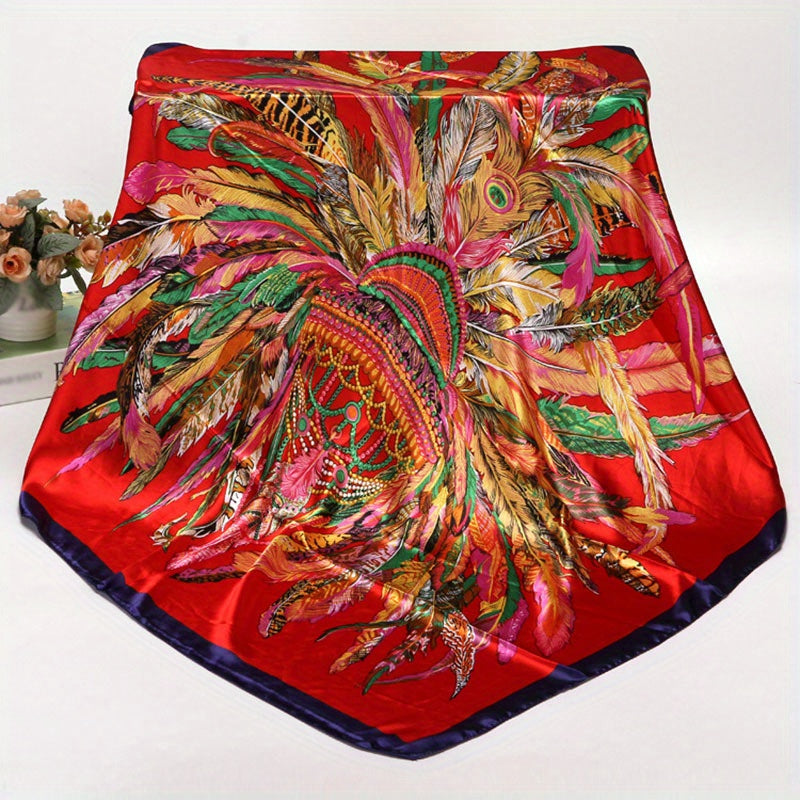 Feather Crown Print Satin Shawl Silk Square Scarf Boho Bandana