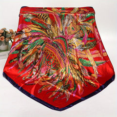 Feather Crown Print Satin Shawl Silk Square Scarf Boho Bandana