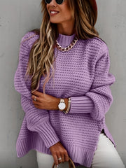 Chunky Knit Mock Neck Sweater Split Pullover for Fall & Winter Women's Clothing