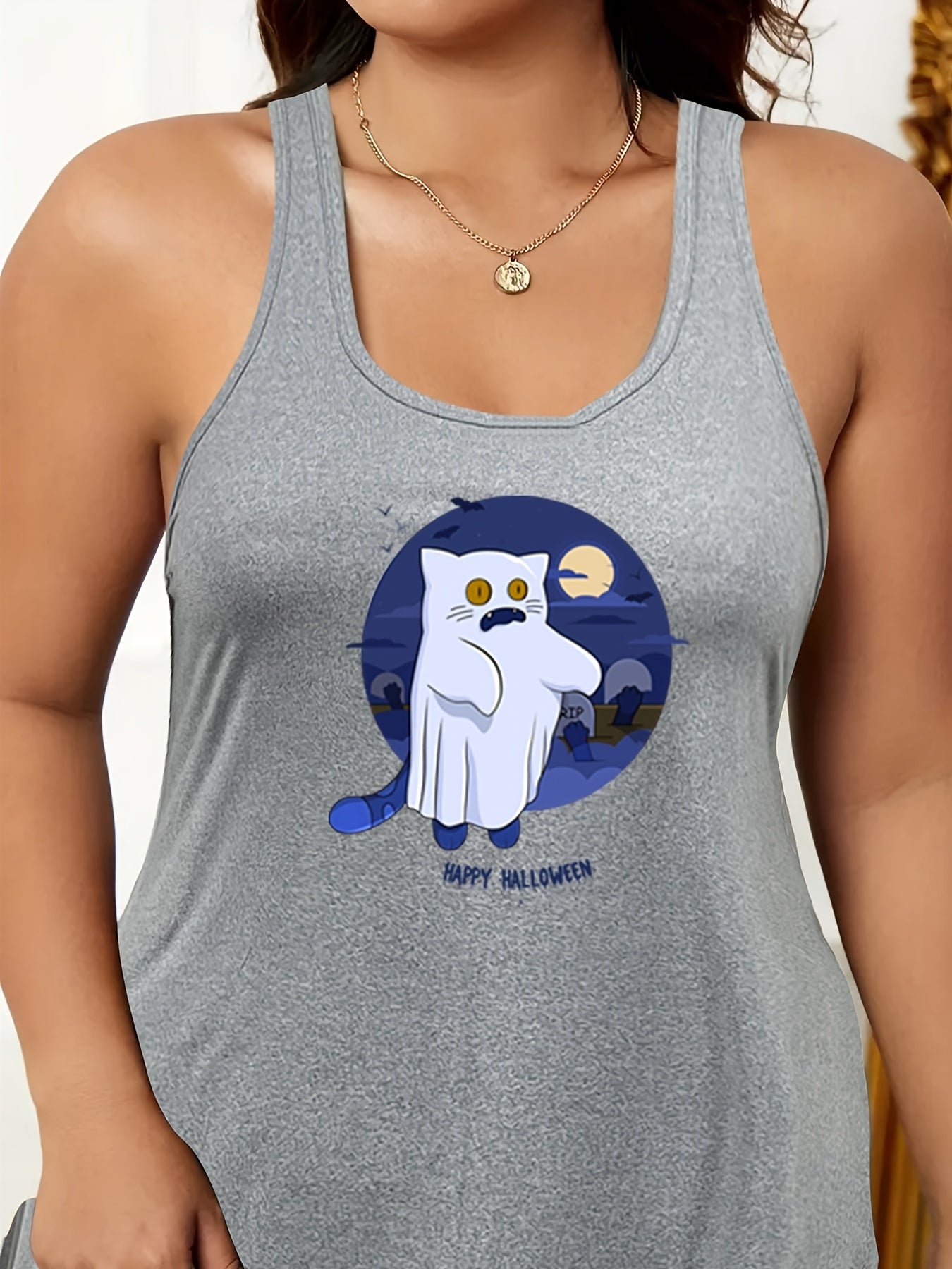Halloween Cat Ghost Bat Print Tank Sleep Dress