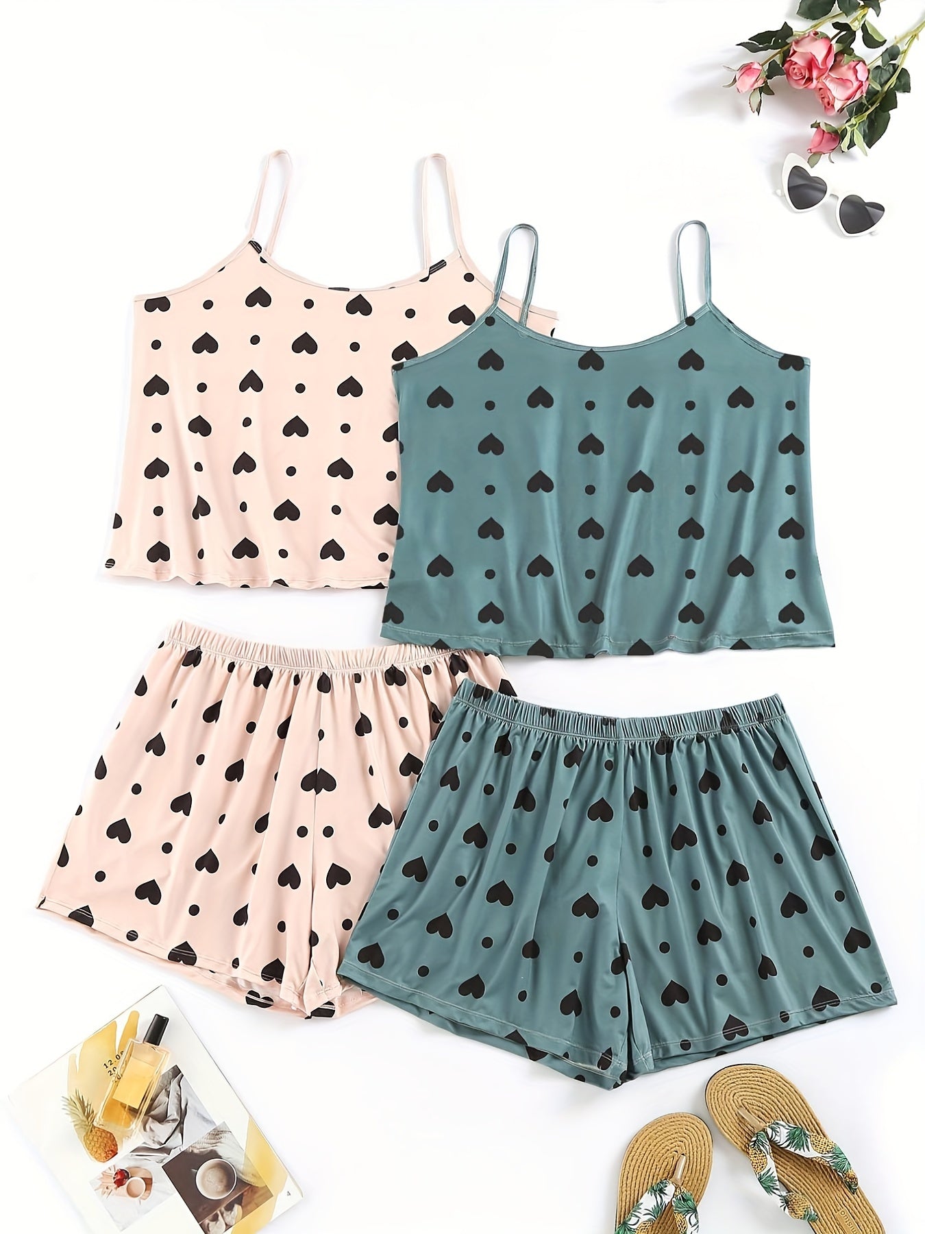 4 Pack Plus Size Women's Heart Print Pajama Set - Cami Top & Shorts