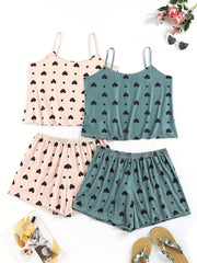 4 Pack Plus Size Women's Heart Print Pajama Set - Cami Top & Shorts