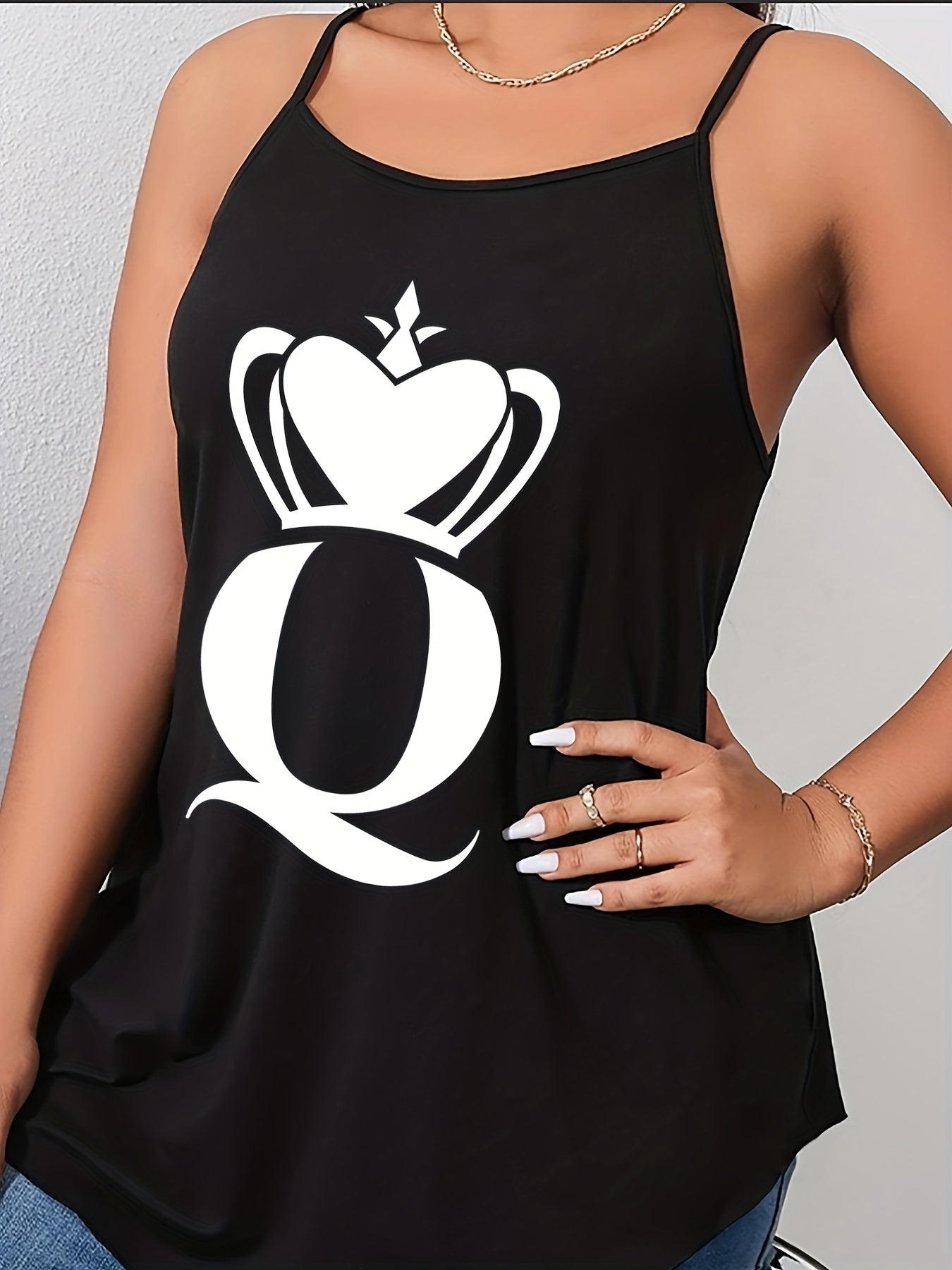 Women's Plus Letter Crown Print Stretch Sleeveless Cami Top
