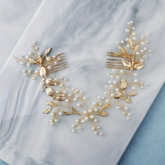 Leaf & Faux Pearl Hair Comb Bridal Wedding Headwear