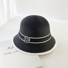 Camellia Decor Sun Hat French Style Straw Bucket Hat Outdoor Sunshade