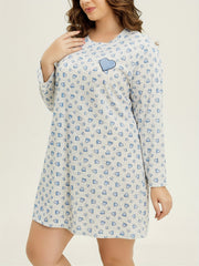 Heart Print Long Sleeve Round Neck Tee Sleep Dress