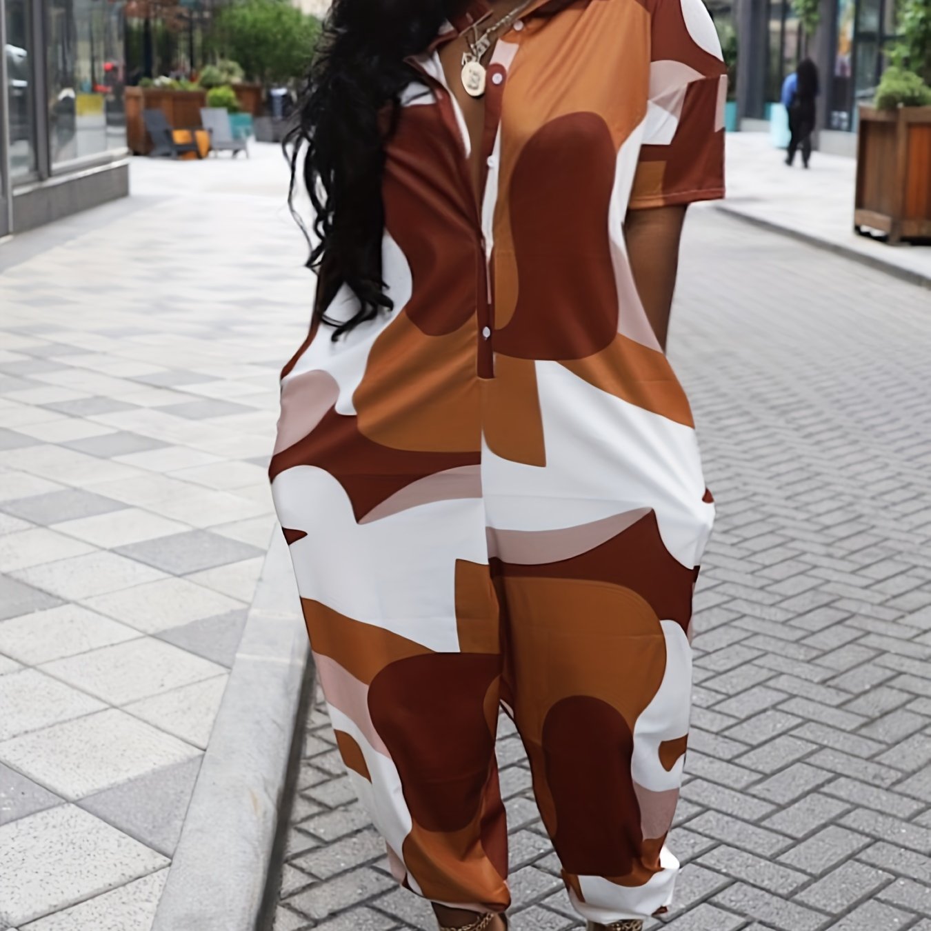Elastic Bottom Jumpsuit Casual Short Sleeve Button Jumpsuit