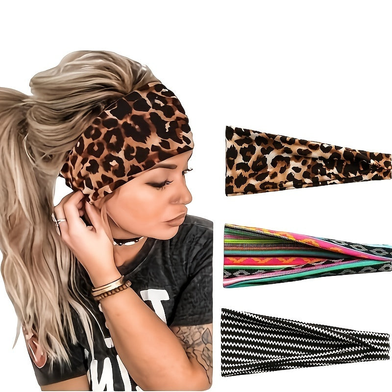 3pcs Leopard Print Soft Sports Headbands Non slip Breathable Yoga Elastic Headba