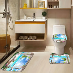 Summer Beach Shower Curtain Bathroom Non Slip Mat 4pcs Set