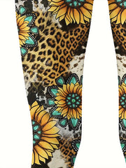 Girls Sunflower Graphic Leggings, Western Style, Thick, Fall Winter