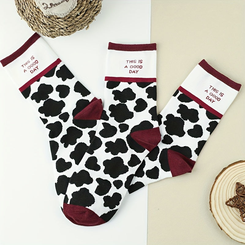 3 Pairs Cow Spot Print Socks Comfy & Breathable Mid Tube Socks Women's Stockings