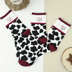 3 Pairs Cow Spot Print Socks Comfy & Breathable Mid Tube Socks Women's Stockings