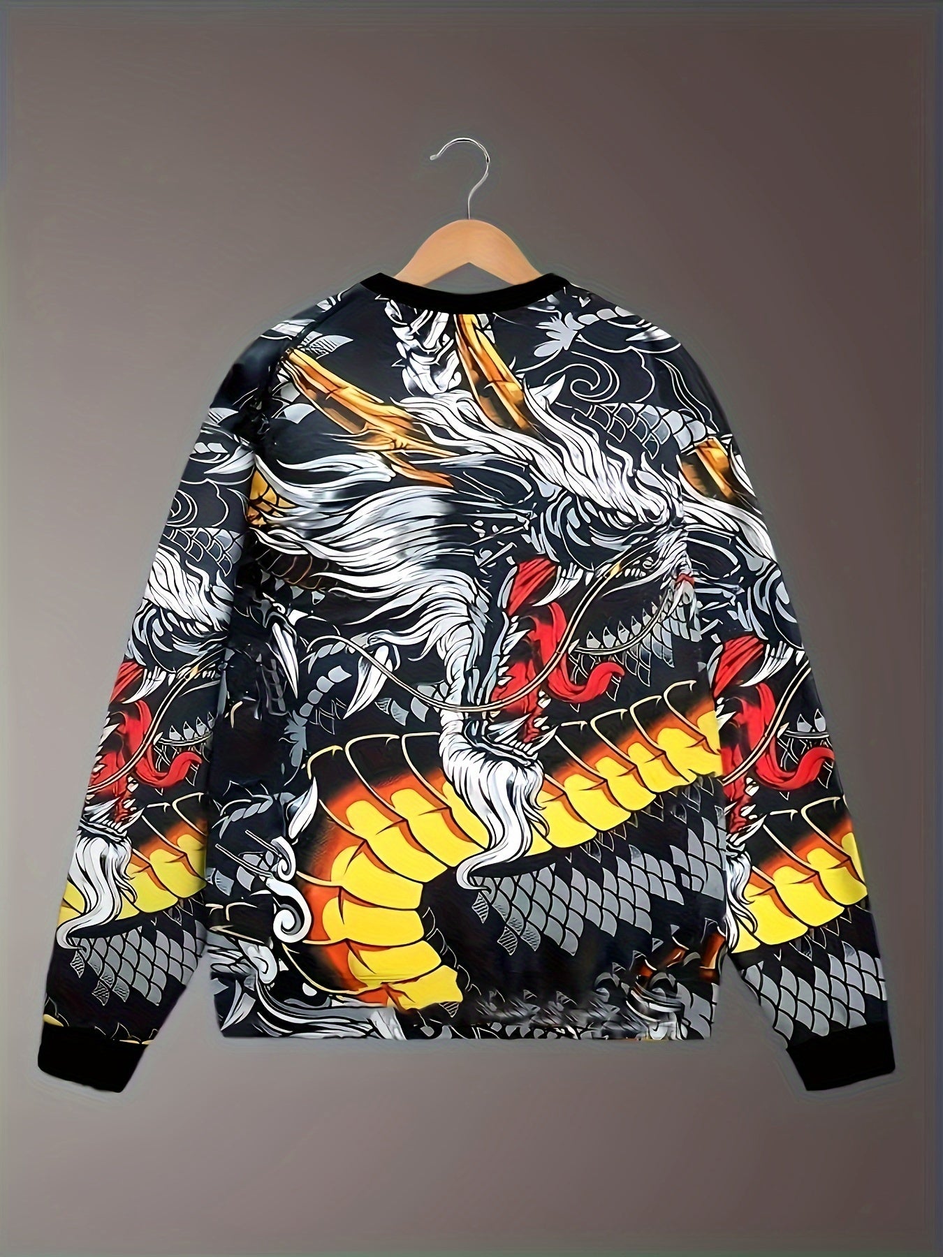 Dragon Print Crew Neck Sweatshirt Men's Casual Pullover Sweatshirt