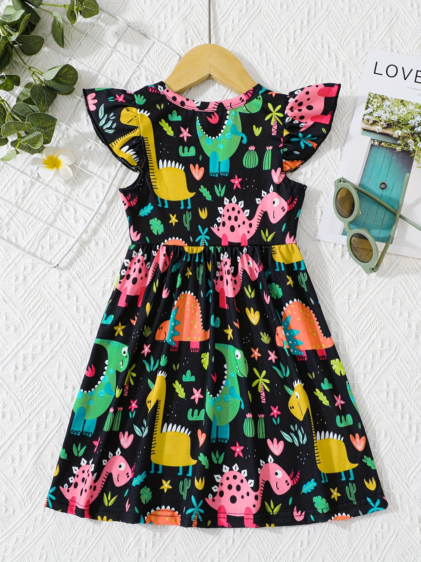 Girls' Cactus & Dino Allover Dress - Comfy Casual Party Vacation Dress