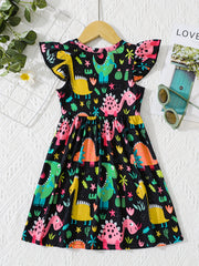 Girls' Cactus & Dino Allover Dress - Comfy Casual Party Vacation Dress