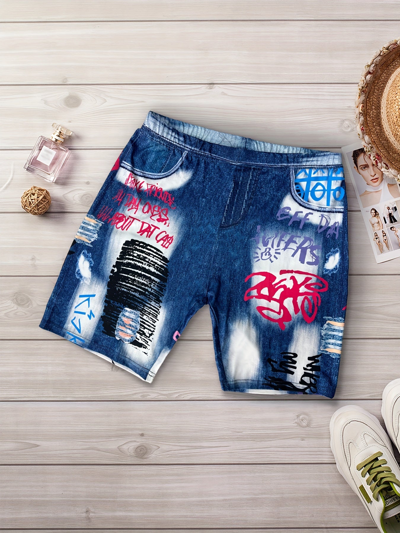 Plus Denim & Letter Print High Rise Skinny Shorts