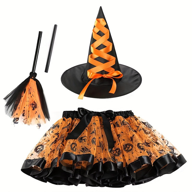 Witch Halloween Costume Set 3pcs Tutu Skirt Hat & Broom Spooky Prints