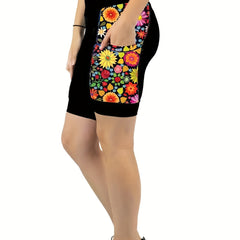 Women's Plus Size Floral Print Seamless Biker Shorts with Pockets