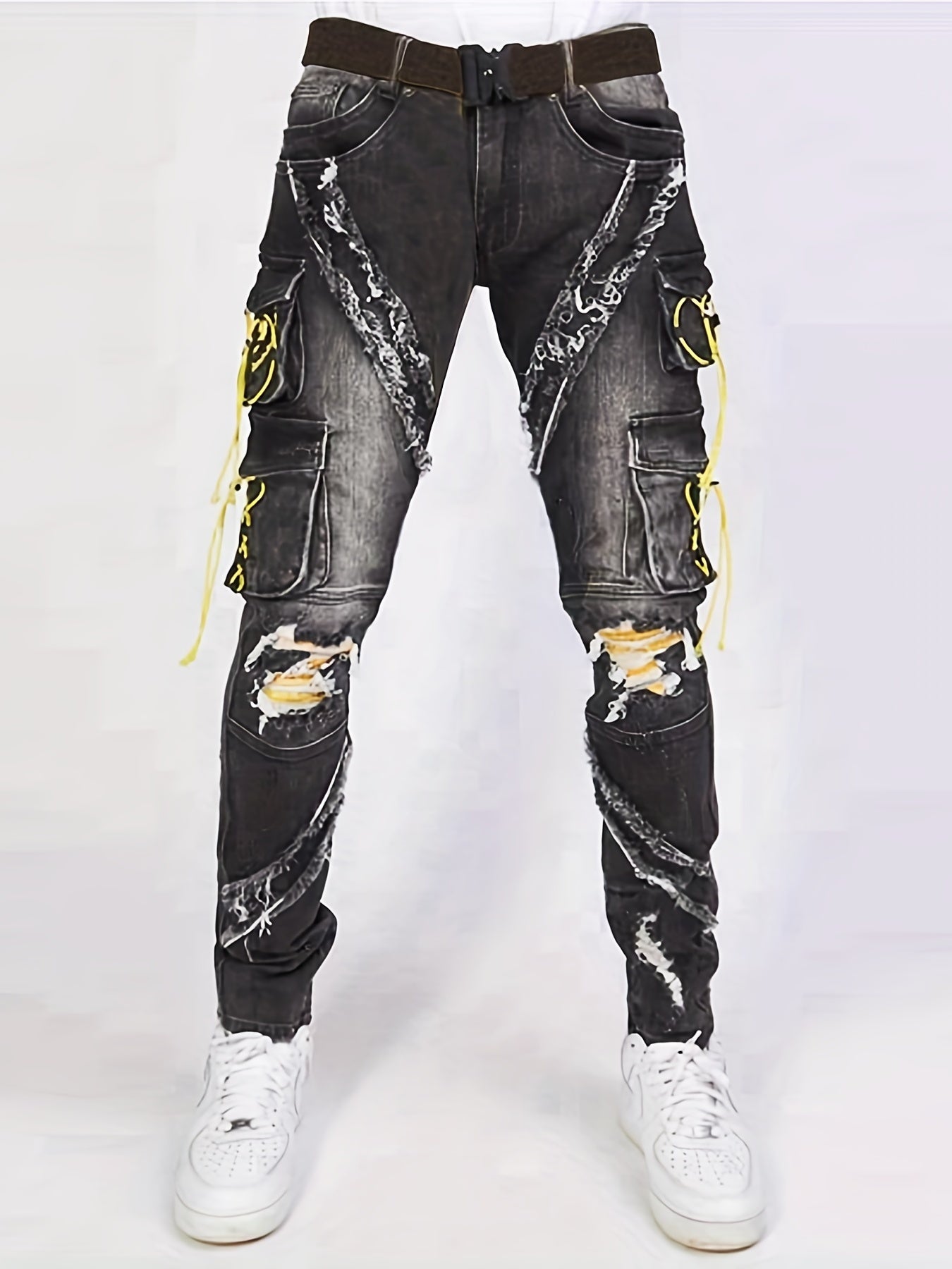 Men's Denim Cargo Pants Flap Pocket Jean Trousers