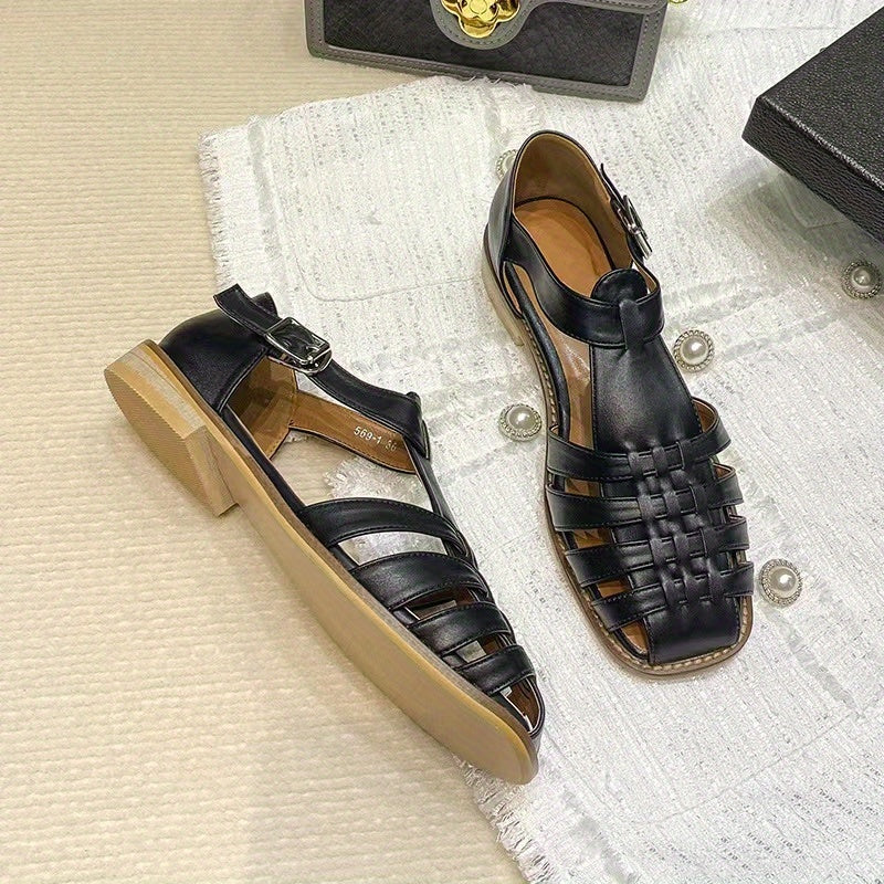 Women's Square Toe Buckle Strap Flat Sandals