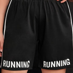 Letter Print High Waist Sports Shorts Women's Plus Medium Stretch Fitn