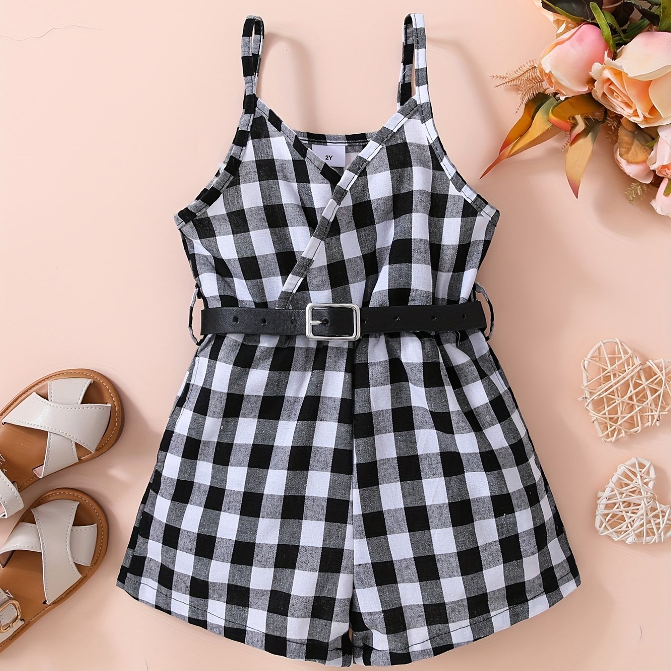 Toddler Girls Plaid Cami Rompers Jumpsuits With Belt