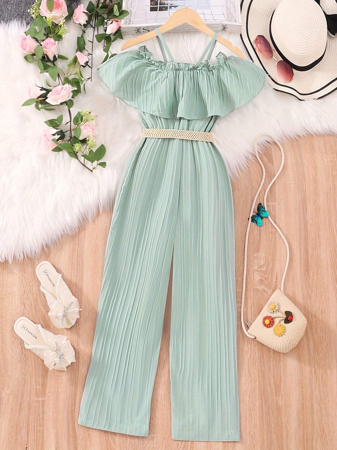 Girls' Ruffle Trim Cold Shoulder Jumpsuit with Belt