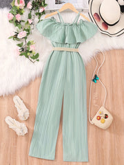 Girls' Ruffle Trim Cold Shoulder Jumpsuit with Belt