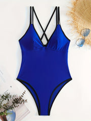 Deep V Neck One Piece Bathing Suit with Cross Back Double Strap