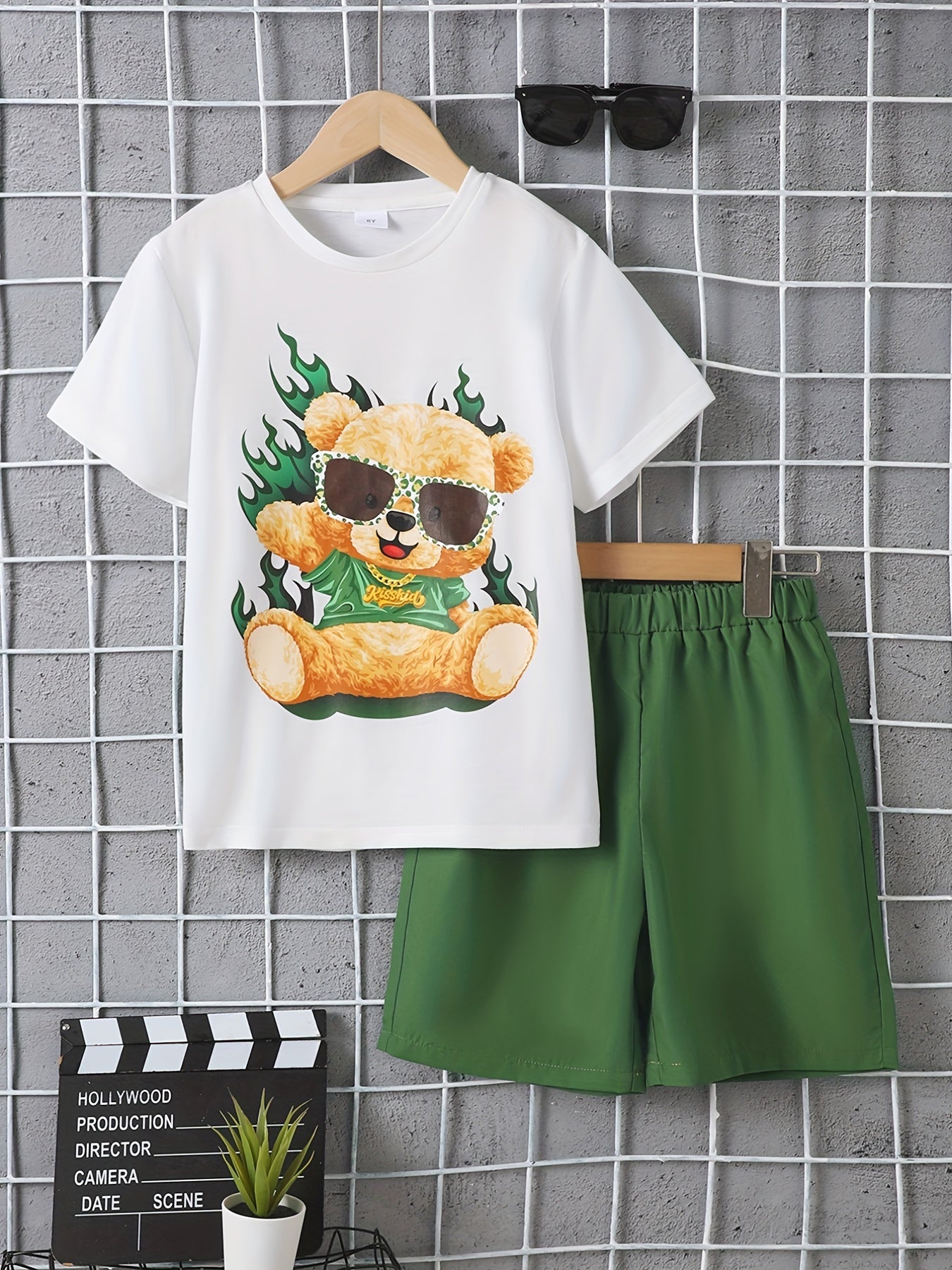 Boys Bear Graphic Casual Outfit Round Neck T shirt & Shorts