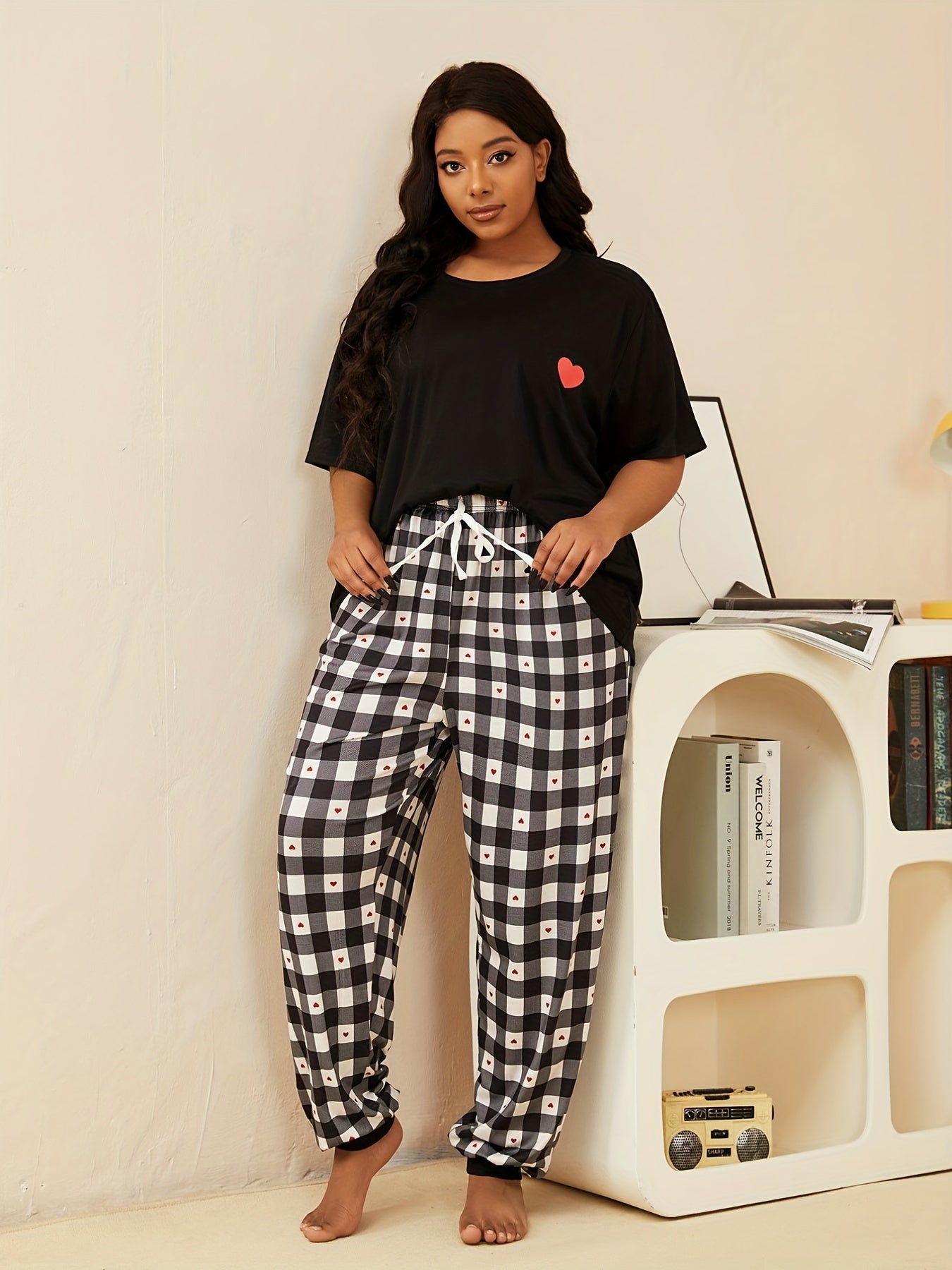 Gingham & Heart Print Nightdress Short Sleeve Round Neck