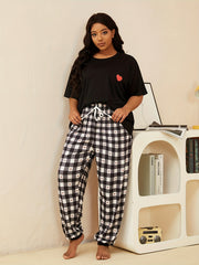 Gingham & Heart Print Nightdress Short Sleeve Round Neck