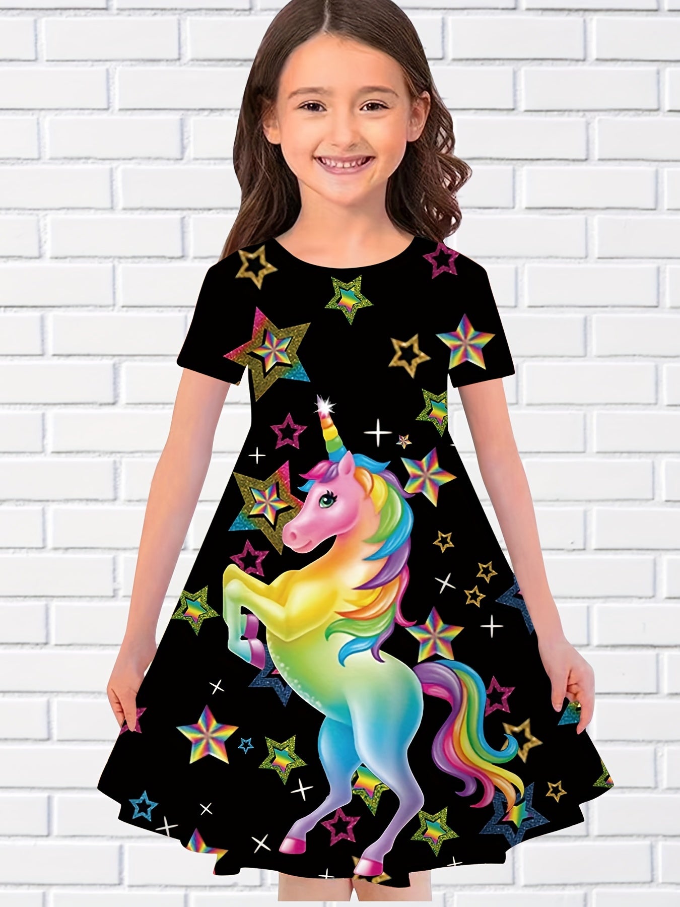 Girls Summer Unicorn Long Dress Short Sleeve Princess Dress