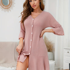 Waffle V-Neck Button Lounge Dress
