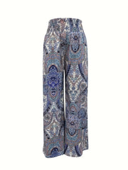 Floral Print Wide Leg Pants Casual Shirred Waist Pants