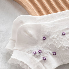 5 Pairs Floral Ankle Socks with Lace Trim Low Cut Stockin