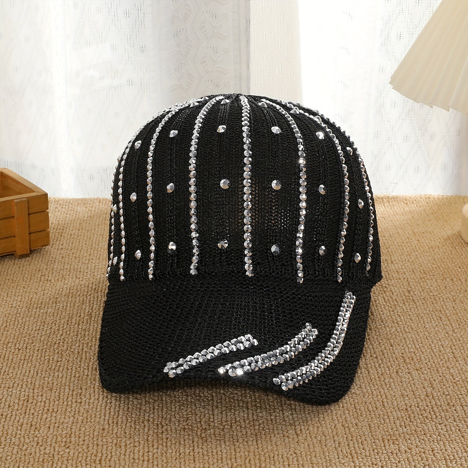Rhinestone Decor Knitted Baseball Cap Hollow Solid Dad Hat Casual