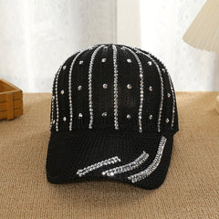 Rhinestone Decor Knitted Baseball Cap Hollow Solid Dad Hat Casual