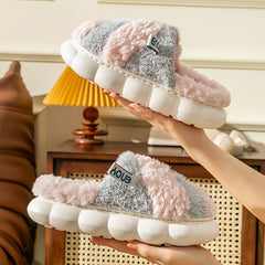 Colorblock Plush Cloud Slippers Closed Toe Platform Winter Warm Home Slippers