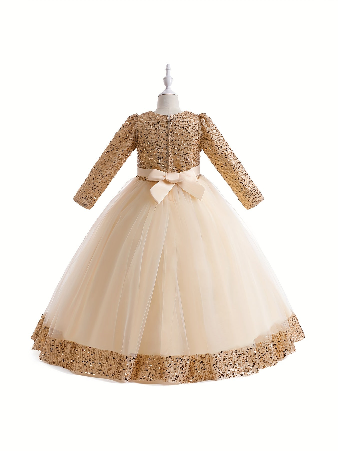 Girls' Sequin Evening Dress Long Sleeve Puff Skirt Tulle Party Ball Gown