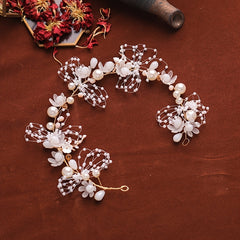 Boho Wedding Bride Pearl Crown Hairband Earrings Set Bridal Jewelry