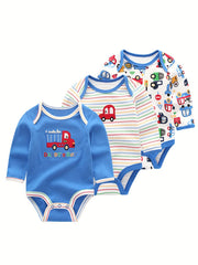 3Pcs Cartoon Long-sleeved Baby Bodysuits Cotton 0-12M Jumpsuits