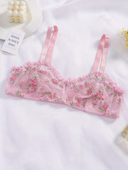 Floral Embroidered Mesh Ruffle Trim Bra & Underwear Set