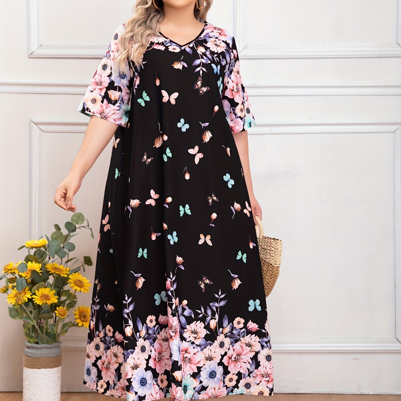 Plus Floral & Butterfly Print Half Sleeve V Neck Maxi Dress